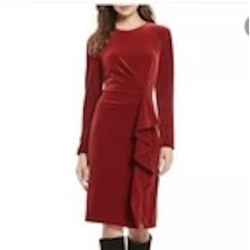 Antonio Melani Velvet Ruffle Sheath Dress Long Sleeve Midi Black 14